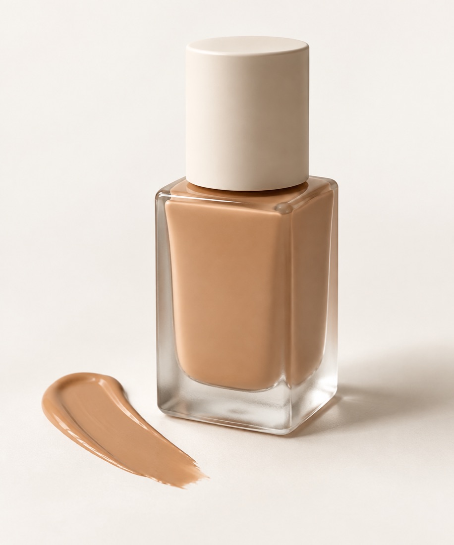 An unbranded glass foundation bottle with a tan swatch beside it